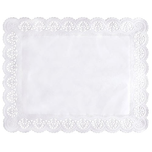 O PAPSTAR 100 papéis rendados quadrados, brancos da PAPSTAR GmbH é uma toalha de papel retangular branca com um centro simples e uma borda rendada ornamentada com motivos circulares e de leque.