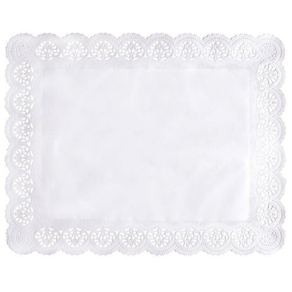 O PAPSTAR 100 papéis rendados quadrados, brancos da PAPSTAR GmbH é uma toalha de papel retangular branca com um centro simples e uma borda rendada ornamentada com motivos circulares e de leque.