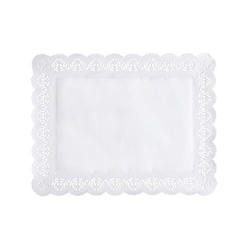 Os PAPSTAR 100 papéis rendados quadrados, brancos da PAPSTAR GmbH apresentam-se retangulares com uma borda ondulada semelhante a renda e um centro sólido sobre um fundo branco simples.