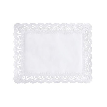 Os PAPSTAR 100 papéis rendados quadrados, brancos da PAPSTAR GmbH apresentam-se retangulares com uma borda ondulada semelhante a renda e um centro sólido sobre um fundo branco simples.