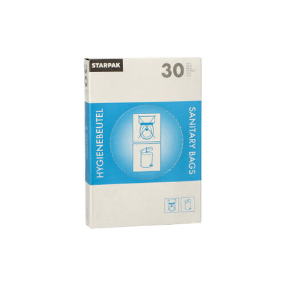 A caixa dispensadora Starpak contém 30 sacos higiênicos brancos (28,5 x 8 x 7 cm) com embalagem azul e branca, a inscrição "HYGIENEBEUTEL" e "SANITARY BAGS", com instruções e ilustrações de lixeiras na frente.