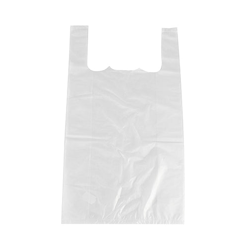 As Starpak 500 sacolas de camiseta (HDPE, 48x27x12 cm, branco) destacam-se em um fundo branco e realçam suas dobras e alças - ideal para objetos leves. O pacote contém 500 unidades.
