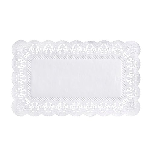 Uma toalha de papel retangular branca PAPSTAR 100 papéis rendados da PAPSTAR GmbH com um centro sólido e uma borda rendada ornamentada com padrão de flores.
