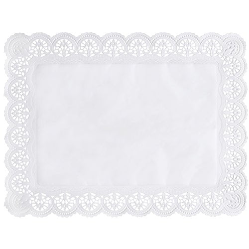 O PAPSTAR 100 papéis rendados quadrados, brancos da PAPSTAR GmbH consiste em papel rendado branco retangular com uma borda rendada detalhada, bordas onduladas e um centro liso sobre um fundo simples.