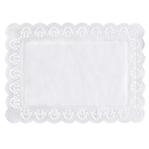 O PAPSTAR 100 papéis rendados quadrados, brancos da PAPSTAR GmbH é uma toalha de papel retangular branca com uma borda rendada elaborada e um centro simples, vista de cima sobre um fundo branco.