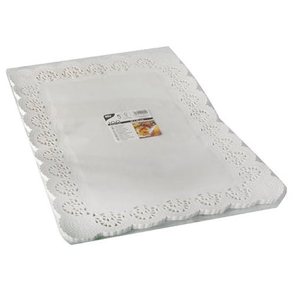 PAPSTAR 100 papéis rendados quadrados, brancos da PAPSTAR GmbH: papéis rendados quadrados com bordas de ondas decorativas e padrões recortados, empilhados ordenadamente e embalados com uma etiqueta superior.
