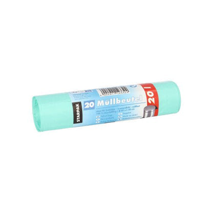 Um rolo com 20 sacos de lixo Starpak novos (HDPE, 20 l, 50 cm x 45 cm) com uma etiqueta alemã azul-vermelho-branco.