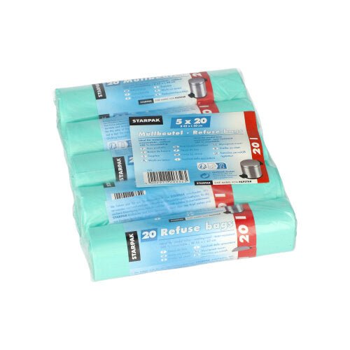 Um pacote com cinco rolos de sacos de lixo Starpak 20 (HDPE, 20 l, 50 cm x 45 cm, menta). Cada rolo contém 20 sacos e está envolto em plástico transparente com uma faixa azul-vermelha com informações do produto e branding Starpak.