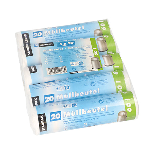Starpak 100 Müllbeutel, HDPE 60L (72x60 cm) in weißer Folie, mit deutscher Produktbeschreibung und Abbildungen eines Mülleimers auf der Verpackung – perfekt für den Haushalt.