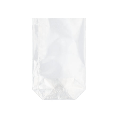 O saco de fundo Starpak 300 de PP transparente está em pé com fundo plano contra um fundo branco.