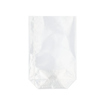 O saco de fundo Starpak 300 de PP transparente está em pé com fundo plano contra um fundo branco.