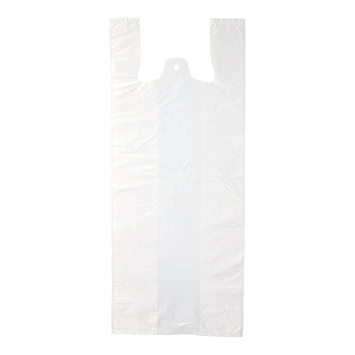Os sacos de camisola Starpak 200, HDPE branco, são sacos planos e transparentes com duas alças e um entalhe na parte superior. Em um fundo branco simples, este saco ecológico Starpak é ideal para uso diário.