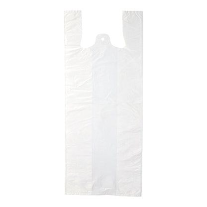 Os sacos de camisola Starpak 200, HDPE branco, são sacos planos e transparentes com duas alças e um entalhe na parte superior. Em um fundo branco simples, este saco ecológico Starpak é ideal para uso diário.
