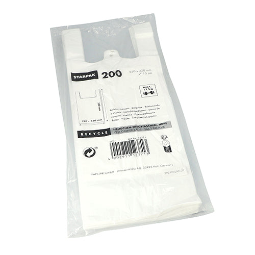 Uma embalagem de plástico transparente contém 200 sacos de camisola Starpak de HDPE branco com alças. O rótulo na frente mostra informações do produto, dimensões, símbolos de reciclagem ecológicos, a marca Starpak e um código de barras.