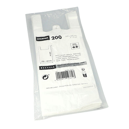 Uma embalagem de plástico transparente contém 200 sacos de camisola Starpak de HDPE branco com alças. O rótulo na frente mostra informações do produto, dimensões, símbolos de reciclagem ecológicos, a marca Starpak e um código de barras.