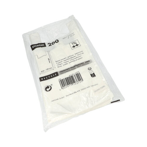 Os sacos de camisola Starpak 200, HDPE branco, são entregues em uma embalagem de plástico transparente com texto impresso, código de barras e informações sobre reciclagem ecológica na frente.