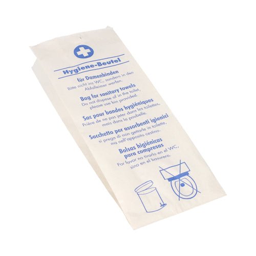 O saco higiênico PAPSTAR (28x11x5,5 cm, branco, impresso) da PAPSTAR GmbH é fornecido com texto azul, multilingue e ilustrações de higiene para a eliminação de artigos de higiene feminina, com uma cruz médica azul na parte superior. Fornecido em embalagem de filme retrátil de 200 unidades.