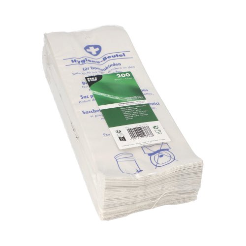 Uma pilha de sacos higiênicos PAPSTAR 28x11x5,5 cm, branco, impresso (200 unidades) da PAPSTAR GmbH é entregue em película transparente com inscrição azul-verde e instruções ilustradas para a eliminação higiênica.