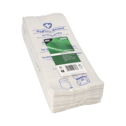 Uma pilha de sacos higiênicos PAPSTAR 28x11x5,5 cm, branco, impresso (200 unidades) da PAPSTAR GmbH é entregue em película transparente com inscrição azul-verde e instruções ilustradas para a eliminação higiênica.