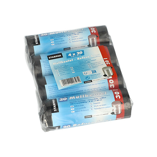 Quatro rolos de sacos de lixo Starpak 80, 30 l sacos de lixo cinza LDPE (60 cm x 50 cm, 80 peças) em embalagem transparente com etiquetas multilingues azuis e vermelhas e uma imagem de caixote do lixo na frente.