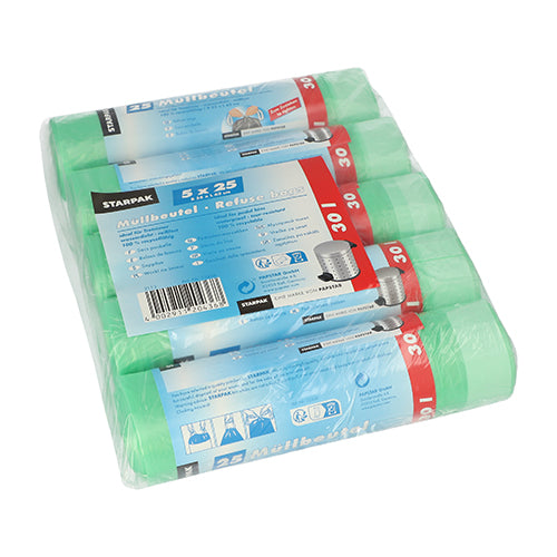 Uma embalagem selada contém 125 sacos de lixo Starpak HDPE verdes (30 l, 62 x 55 cm) com cordão de fecho. As etiquetas mostram a marca Starpak, detalhes do produto, informações sobre o cordão de fecho e imagens da lixeira.