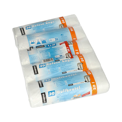 Quatro rolos de sacos de lixo Starpak 150 com cordão, HDPE 20L (55x48cm) transparentes, estão empilhados uns sobre os outros. A etiqueta azul e branca de cada rolo mostra "150 unidades", imagens de lixeiras, instruções de uso e destaca o descarte higiênico de resíduos.