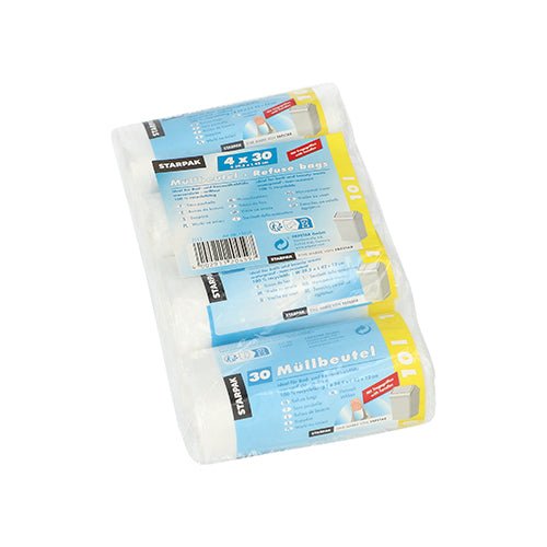 Um pacote de sacos de lixo Starpak 120 com alças, HDPE 10 l, 42 cm x 39,5 cm transparente (120 peças), é entregue em embalagem azul e branca com informações do produto e imagens de caixotes do lixo no rótulo.