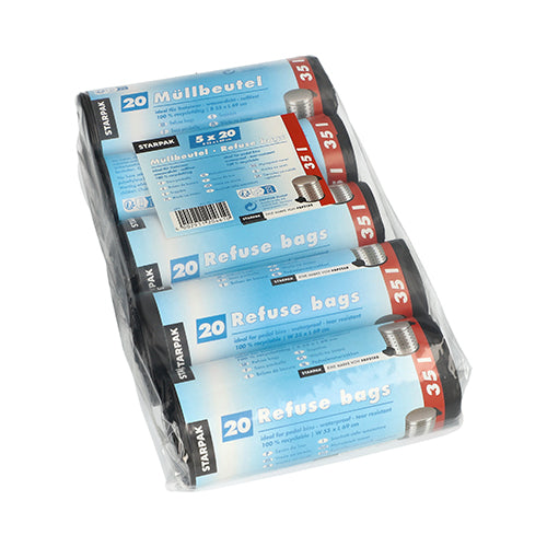 Uma embalagem de plástico contém cinco rolos de sacos de lixo Starpak 100, HDPE 35 l, 69x55 cm, preto. A embalagem azul e branca contém informações do produto em alemão e inglês.