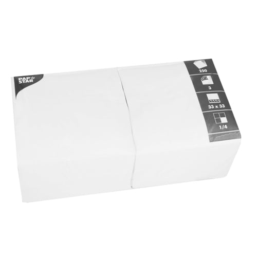 Um pacote PAPSTAR de 250 guardanapos, 3 camadas, 1/4 de dobra (33 x 33 cm) da PAPSTAR GmbH - ideal para uso profissional ou doméstico, com guardanapos brancos dobrados em quatro em embalagem higiênica.