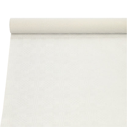 A toalha de mesa de papel com relevo de damasco (10 m x 1 m) da PAPSTAR GmbH está parcialmente desenrolada sobre um fundo branco e apresenta um padrão geométrico quadrado discreto e claro.