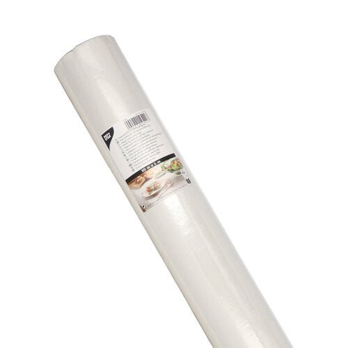 Um rolo de toalha de papel PAPSTAR com relevo adamascado 50 m x 1 m da PAPSTAR GmbH, envolto com um rótulo com detalhes do produto, elegante relevo adamascado e imagens de refeições festivas para ocasiões especiais.