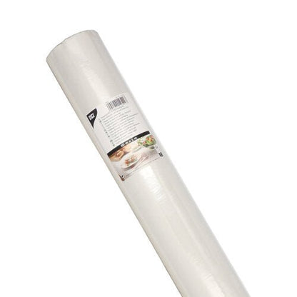 Um rolo de toalha de papel PAPSTAR com relevo adamascado 50 m x 1 m da PAPSTAR GmbH, envolto com um rótulo com detalhes do produto, elegante relevo adamascado e imagens de refeições festivas para ocasiões especiais.