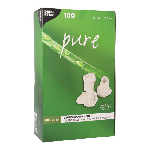 Eine grüne Schachtel der PAPSTAR GmbH mit der Aufschrift "pure" enthält 100 weiße Geflügelmanschetten (1,8 cm), ideal für festliche Geflügelgerichte. Die deutsch/französische Verpackung zeigt zwei Rüschenbilder, einen grünen Stiel mit Wassertropfen und die Produktmaße.