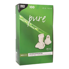 Eine grüne Schachtel der PAPSTAR GmbH mit der Aufschrift "pure" enthält 100 weiße Geflügelmanschetten (1,8 cm), ideal für festliche Geflügelgerichte. Die deutsch/französische Verpackung zeigt zwei Rüschenbilder, einen grünen Stiel mit Wassertropfen und die Produktmaße.