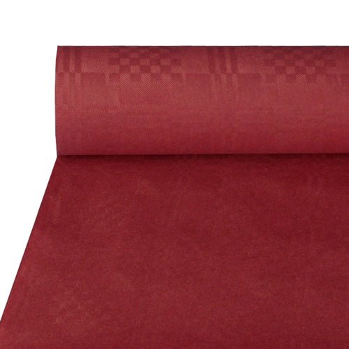 A toalha de papel com estampagem de damasco (50 m x 1 m) da PAPSTAR GmbH em vermelho com um discreto padrão xadrez é parcialmente desenrolada e apresentada plana - ideal para ocasiões festivas.