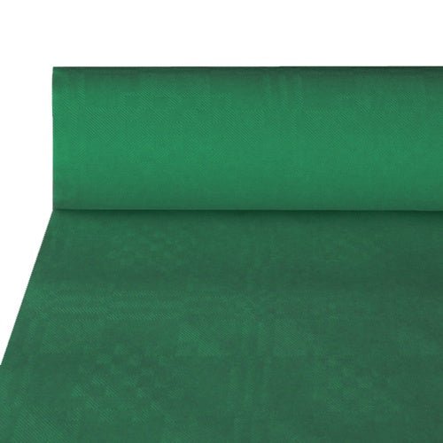 Uma toalha de papel PAPSTAR parcialmente desenrolada com relevo adamascado (50 m x 1 m) da PAPSTAR GmbH mostra seu elegante padrão, perfeito para ocasiões festivas e uma decoração de mesa sofisticada.