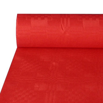A toalha de papel com relevo adamascado (50 m x 1 m) da PAPSTAR GmbH possui uma superfície texturizada vermelha com um design geométrico discreto, ideal para ocasiões festivas e é fácil de espalhar sobre as mesas.