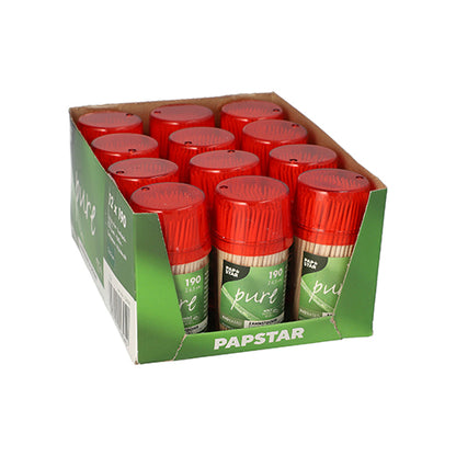Um dispensador contém 190 PAPSTAR palitos de madeira "puros" redondos (6,5 cm) da PAPSTAR GmbH - ideal para combinar com os seus temperos favoritos em festas.