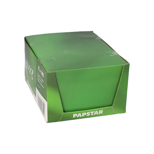A caixa verde PAPSTAR acomoda 190 palitos de madeira redondos (puros, 6,5 cm) e possui informações do produto e um código de barras na lateral - uma solução de armazenamento ecológica da PAPSTAR GmbH.