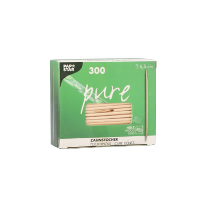 A lata verde e branca PAPSTAR palitos de dente de madeira "pure" redondos, 6,5 cm da PAPSTAR GmbH tem uma janela de visualização e contém 300 palitos de dente em uma embalagem protetora de filme - ideal para uso diário.