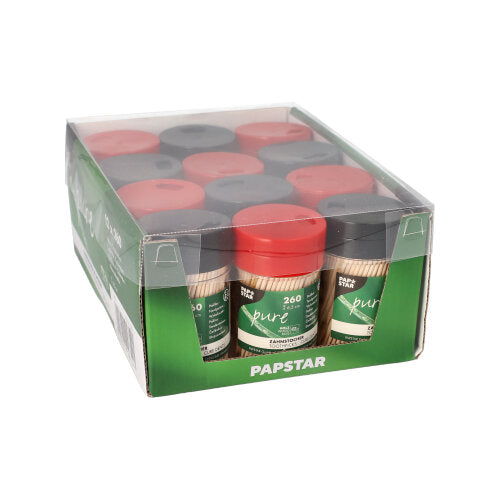 Uma caixa de PAPSTAR palitos de madeira redondos (6,5 cm) da PAPSTAR GmbH contém 260 palitos em dispensadores práticos com tampa giratória, rótulo verde e branco e embalagem de plástico parcialmente transparente.