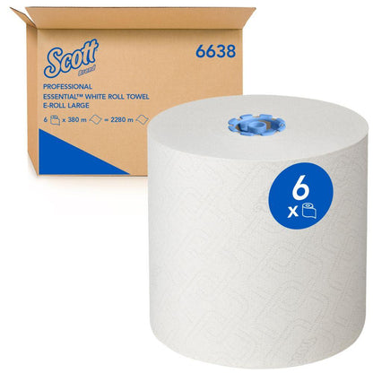 Um grande rolo de toalha de papel Scott® Essential™ 6638 (1-camada) da Kimberly-Clark GmbH com um rótulo azul "6" está em frente a uma caixa marrom com as palavras "Professional Essential White Roll Towel" e "6638".