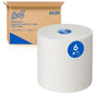 Um grande rolo de toalha de papel Scott® Essential™ 6638 (1-camada) da Kimberly-Clark GmbH com um rótulo azul "6" está em frente a uma caixa marrom com as palavras "Professional Essential White Roll Towel" e "6638".