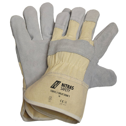 NITRAS SPLIT STAR 1, luvas de couro bovino dividido, cor natural / cinza, algodão EN 388 | Pacote (12 pares)