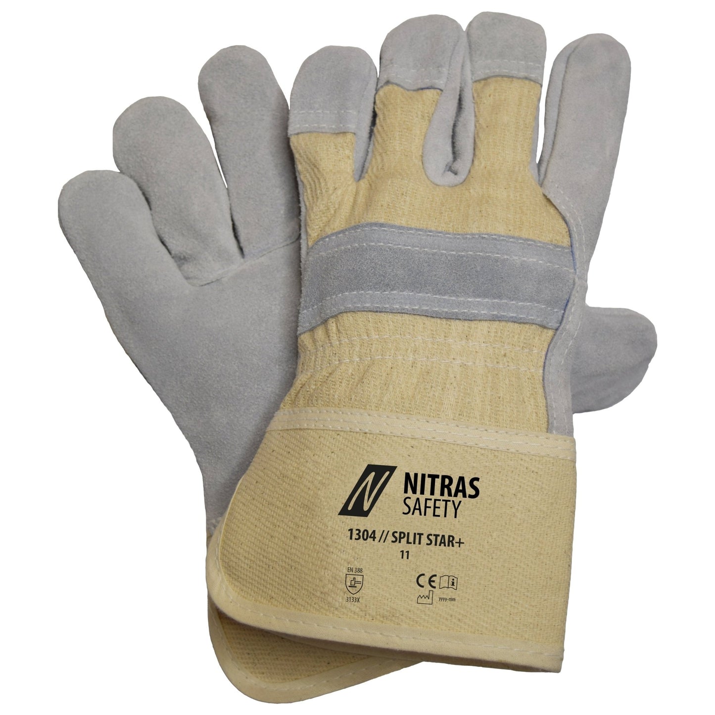 NITRAS SPLIT STAR+, luvas de couro bovino dividido, cor natural / cinza, algodão EN 388 | Pacote (12 pares)