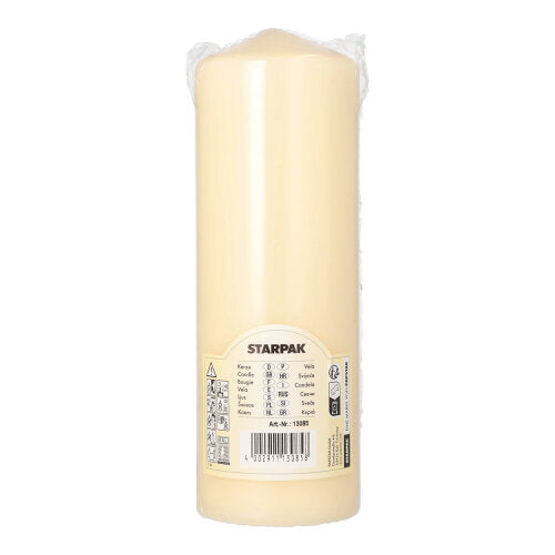 Eine große, cremefarbene Starpak Stumpenkerze (Ø 70 mm, 200 mm) mit extra langer Brenndauer wird in einer Kunststoffverpackung mit Markenetikett geliefert – perfekt für die Dekoration Ihres Wohnzimmers.