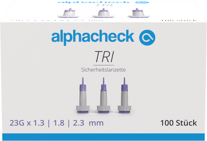 Lancetas de segurança Alphacheck TRI 23G | Pacote (100 peças)