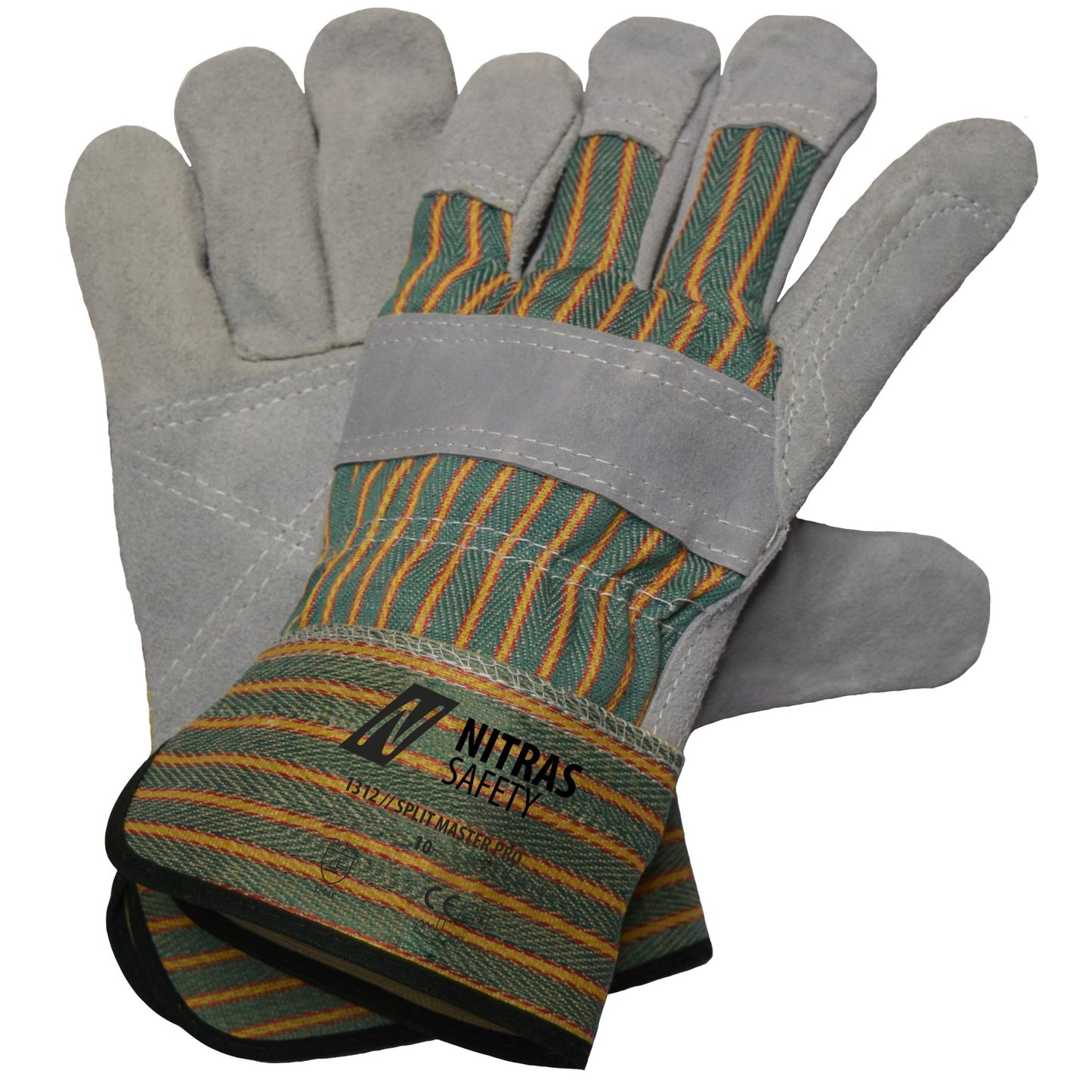 NITRAS SPLIT MASTER PRO, luvas de couro bovino dividido, listras verdes / vermelhas / amarelas / cinza, algodão EN 388 | Pacote (12 pares)