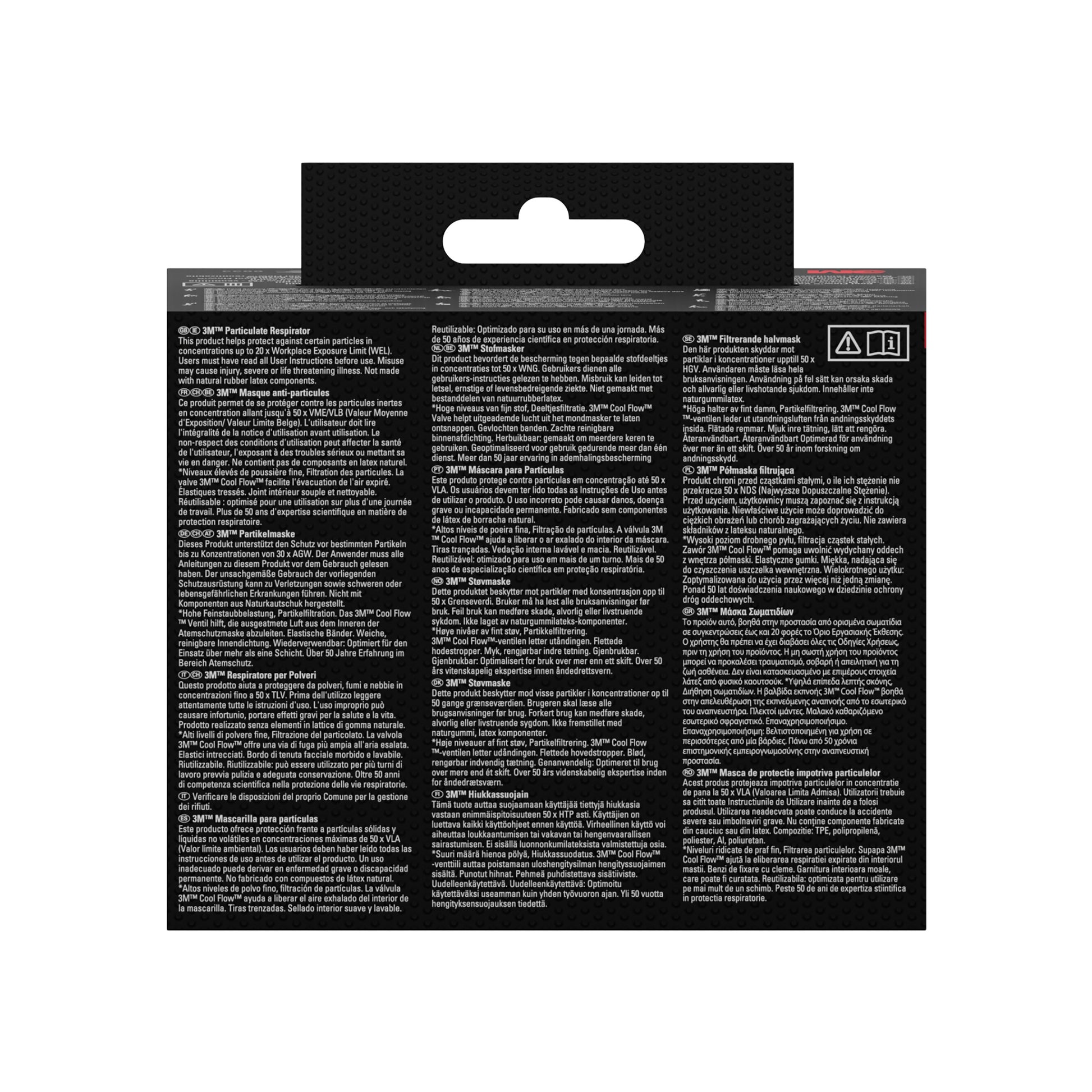 Die 3M™ Cool Flow™ Partikelmaske 8822, FFP2, mit Ventil von 3M Deutschland GmbH kommt in einer schwarzen Verpackung mit weißer, mehrsprachiger Anleitung, einer Aufhängelasche an der Oberseite und zwei rot umrandeten Warnsymbolen in der oberen rechten Ecke.