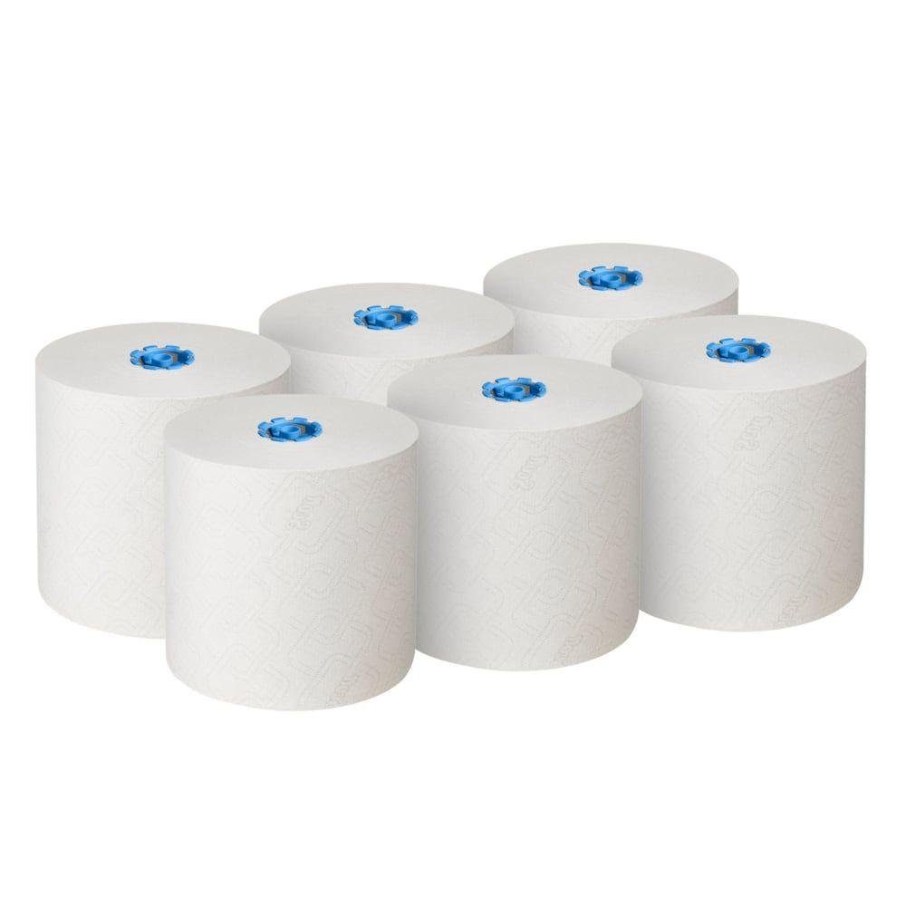 Seis rolos de toalhas Scott® Essential™ 6638 de 1-camada da Kimberly-Clark GmbH estão dispostos em duas fileiras de três sobre um fundo branco. Os rolos de toalha certificados pelo EU Ecolabel são feitos com tecnologia Airflex.